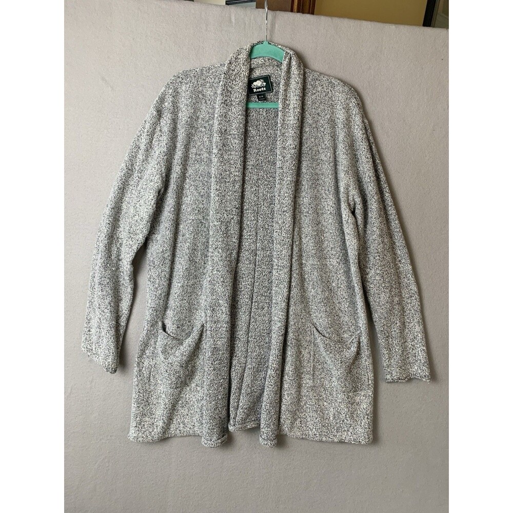 Roots Sweater Womans Size Medium Gray Heather Shawl Neck Open Cardigan Pockets